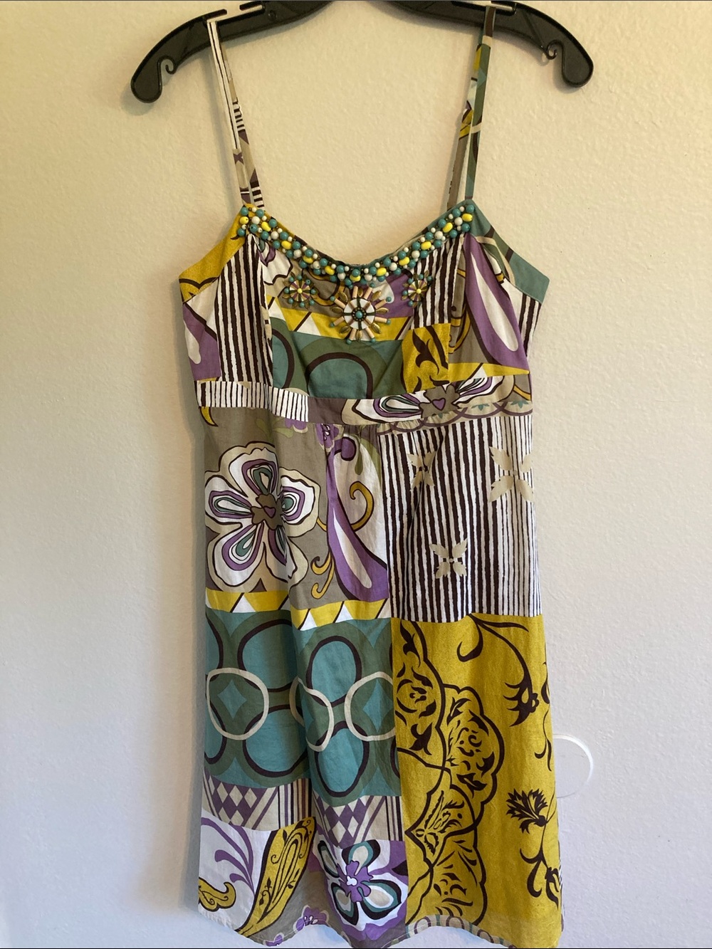 CAbi Patchwork Beaded Mini Dress in Mustard, Teal & Lavender